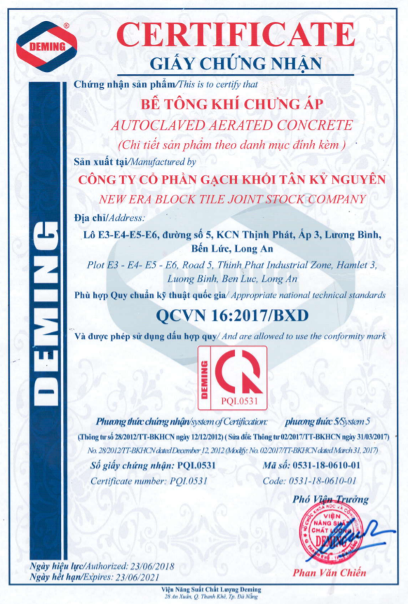 chứng chỉ chất lượng về gạch Eblock